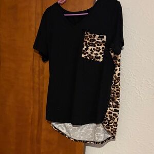 Black T-Shirt with Leopard Print Accents
